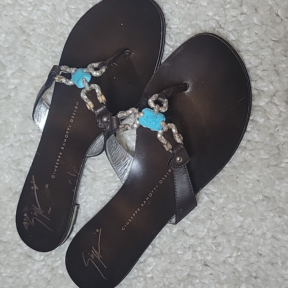 GIUSEPPE ZANOTTI Brown And  Bling Horseshoe And Turquoise Thong Slides Size 37 - Picture 5 of 15